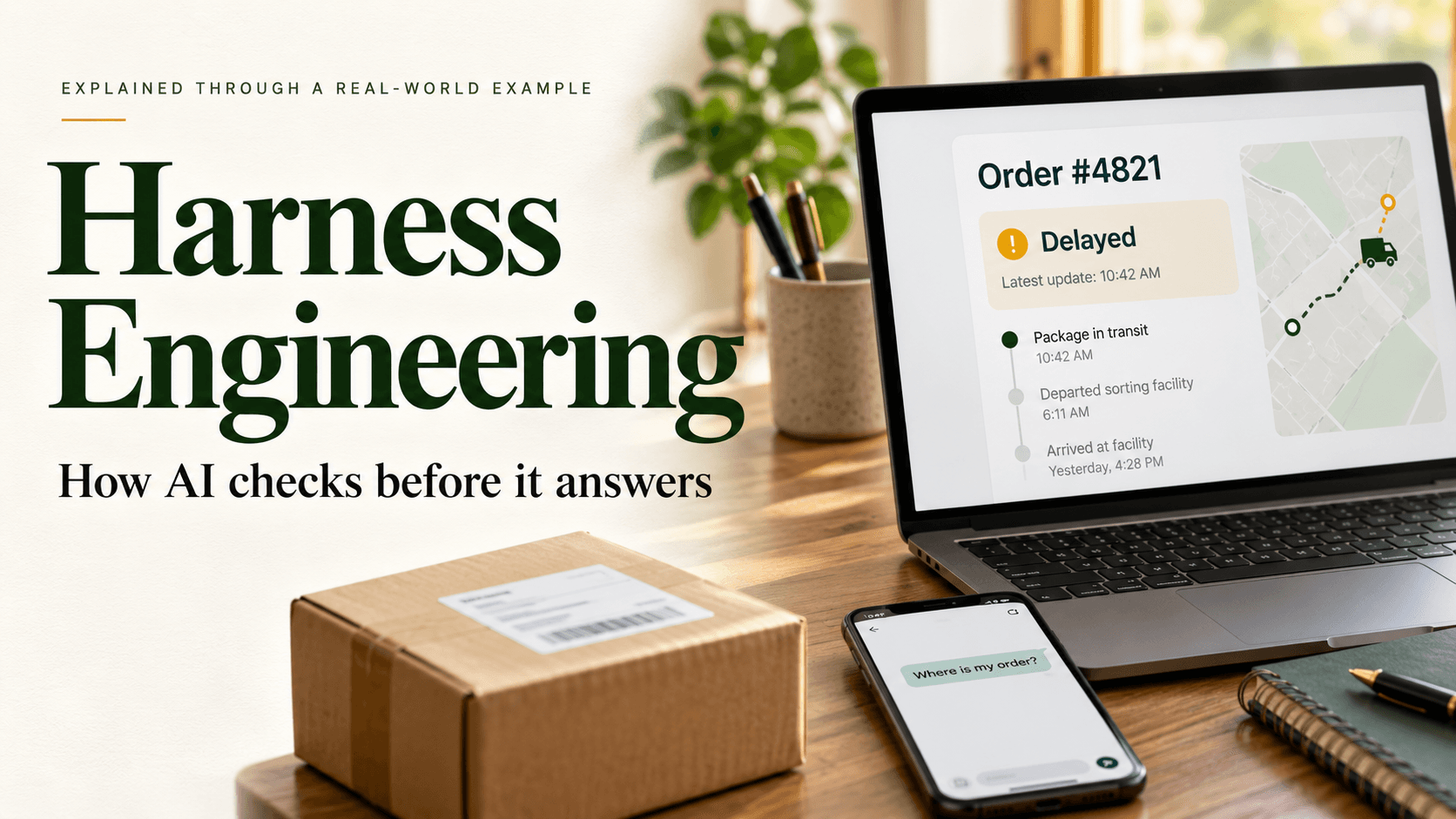 Cover illustration: an order-tracking assistant checking a delivery record. Demo interface.