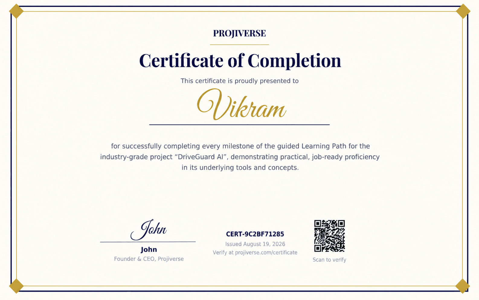 A verified, shareable Projiverse project certificate