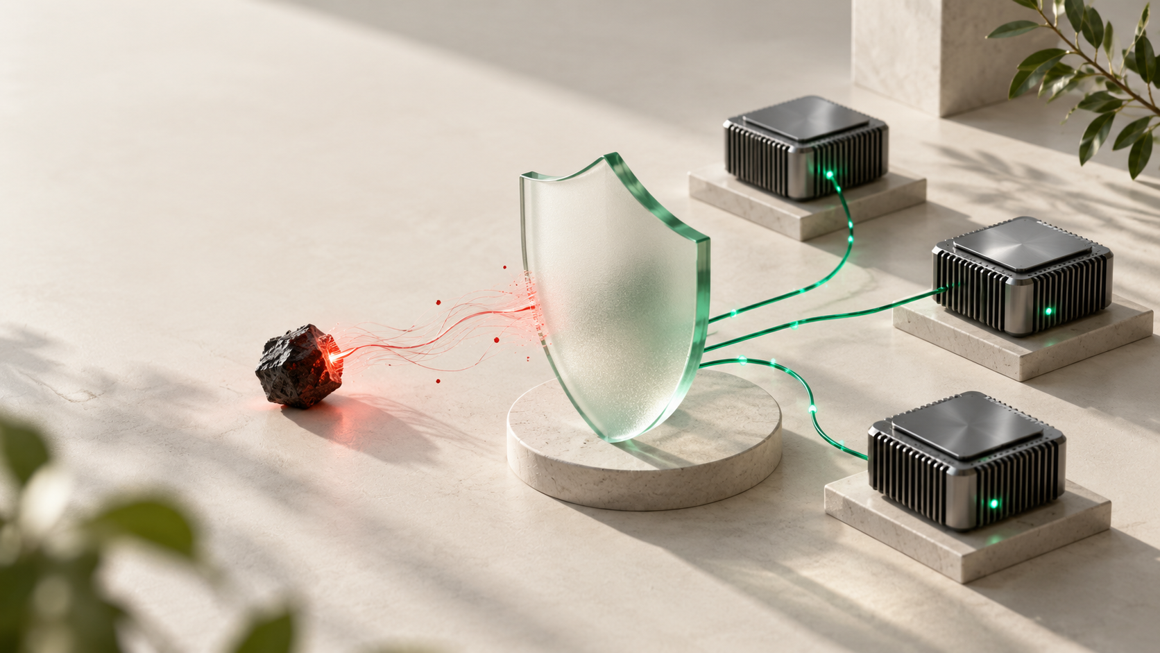 Conceptual cover illustration of a glass shield protecting connected AI processor modules